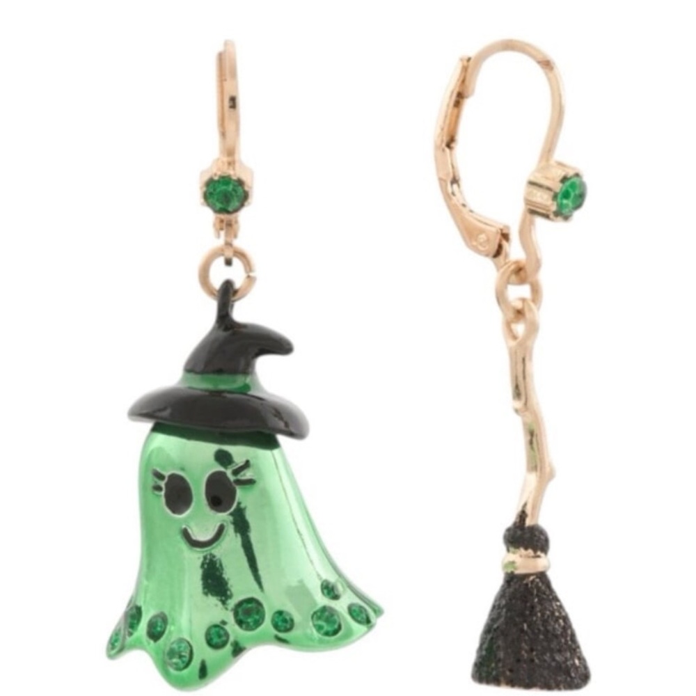 BETSEY JOHNSON Halloween Mismatched Green Ghost Witch & Broom Earrings NEW NWT - Picture 10 of 12